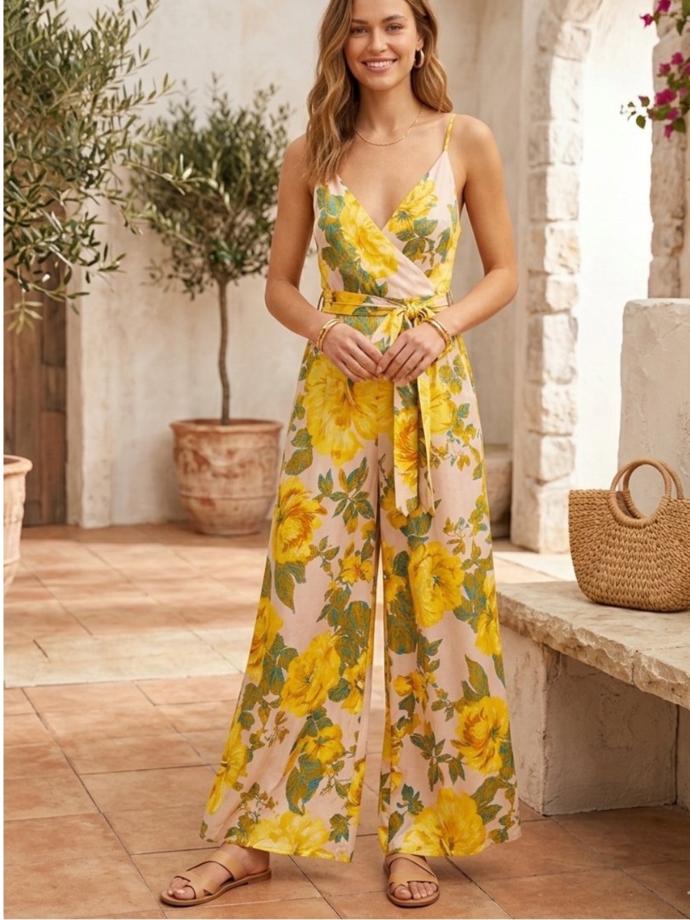 Free People Satin Pink & Yellow Floral Wrap Wide Leg Boho Chic Jumpsuit